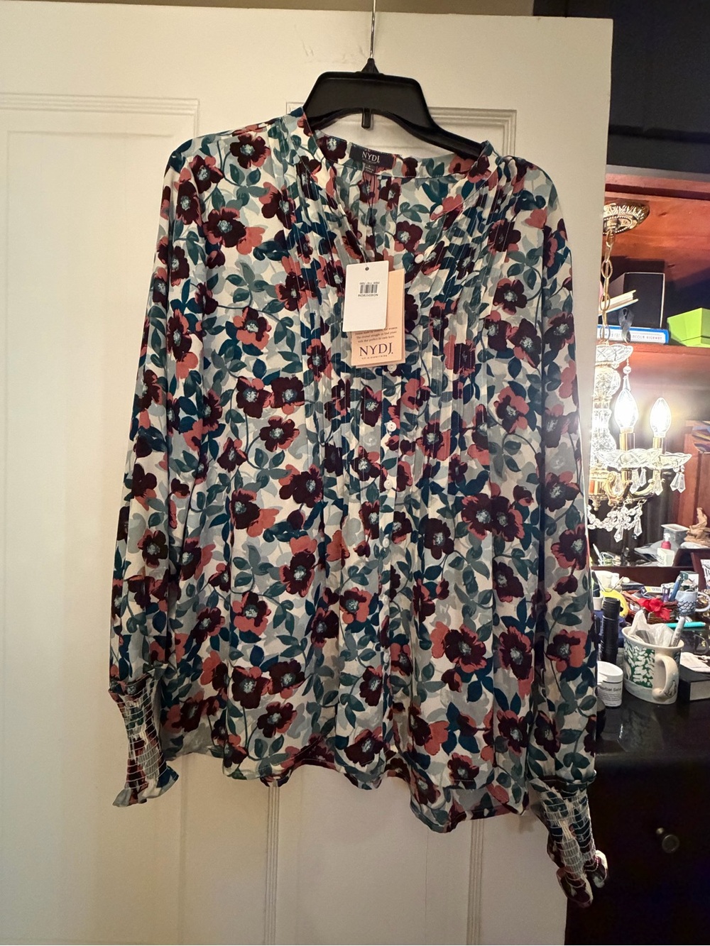 NYDJ Floral Pintuck Long-Sleeve Blouse in Teal & Burgundy. NWT